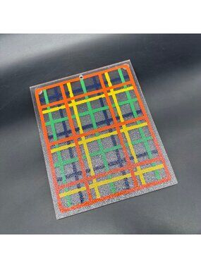 Vintage Cutting Board Riser Wall Hanging 1970s Plaid Plastic Orange Yellow Blue